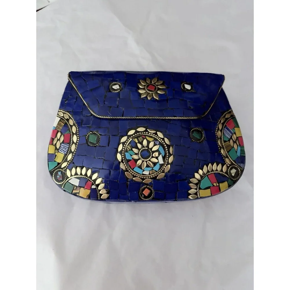 Ramla Stunning Blue Mosaic Clutch Crossbody Bag With Gold Chain B12 - Picture 2 of 9